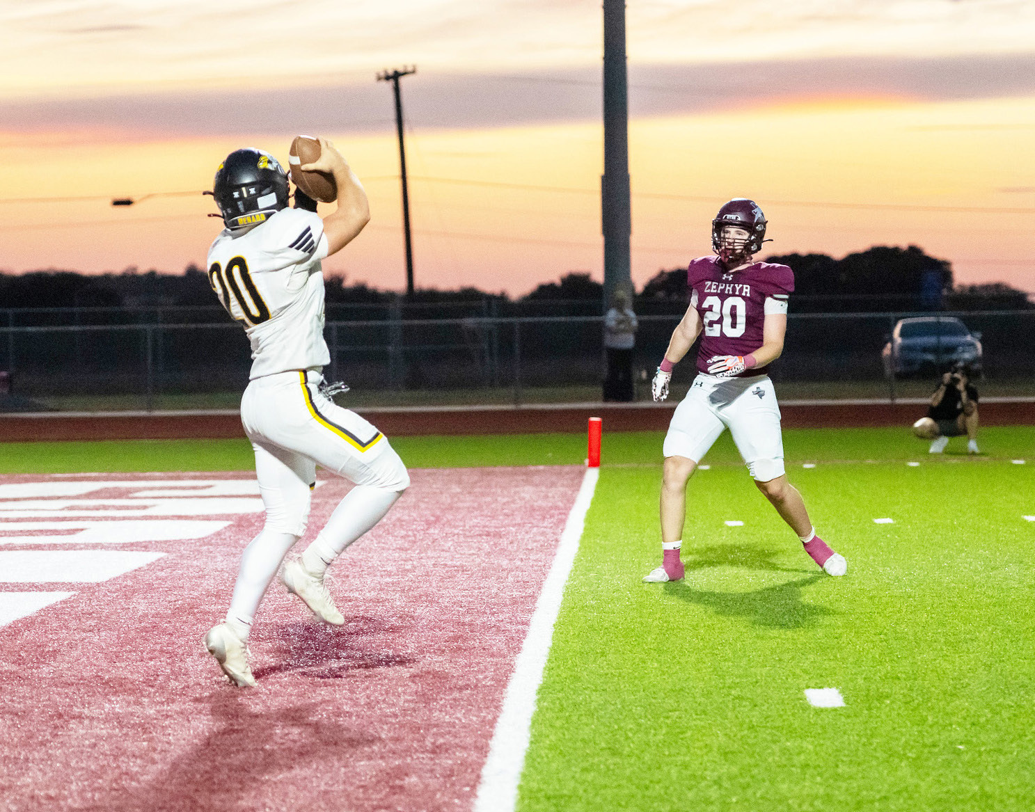 MENARD’S ASHTON MARTIN snags a PAT after a rogue snap to kick the points forced Julius Zamora to pass. The Jackets came out on top over Zephyr last Friday, 59-14. Nora Davis, photo.
