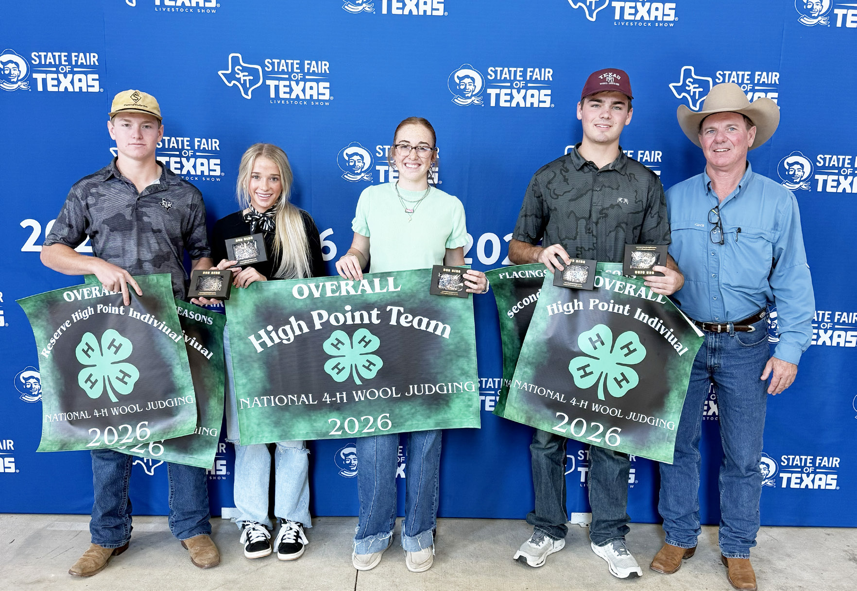 NATIONAL CHAMPIONS! Menard County 4-H’s Wool Judging team travelled to Dallas this weekend to compete at the national contest, held this year at the State Fair of Texas. Menard earned overall high point team for the national title and also boasts the overall high point and reserve high point individuals. Pictured left to right: Kade Bannowsky (reserve high point indv.), Taytum Chambless, Makenzie Wright, Cado Bannowsky (high point indv.) and judging coach Jason Bannowsky. Courtesy photo.