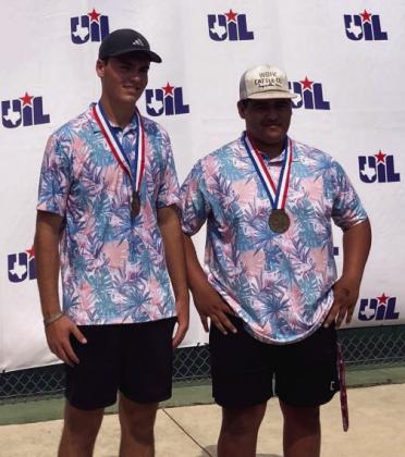 STATE MEDALISTS- in boys tennis doubles are Menard's Cado Bannowsky and Zeke Hernandez. The team took home the bronze in San Antonio last week after defeating Sidney and Zephyr, and then falling to eventual silver medalists, Miami. Benjamin HS won the gold. Great, season, Jackets! Courtesy photo.