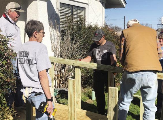 NEIGHBORS HELPING NEIGHBORS- Experienced Menard Mission Team members recently assisted a Texas Ramps Project in Brady with a crew new to the program. Pictured left to right: Steve Whitson, Sandy Kothmann, Randy McVeigh, Billy Kniffen, Benjie Laning helping get the ramps project team established in Brady. Courtesy photo.
