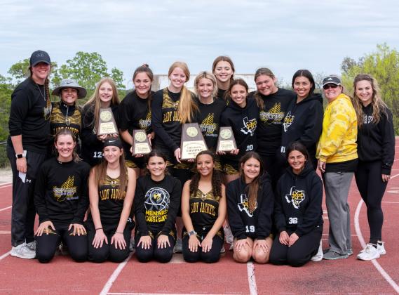 MINING THAT GOLD- MHS Lady Jacket track and field had a great district meet last Thursday on their home turf. The advancing athletes from the district champion team compete today at the regional meet in Mertzon. Courtesy photo.