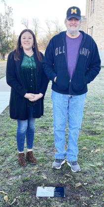 IN MEMORIAM of the late Roy McSherry, nephew Frankie McSherry, right, and his daughter/great nephew to Roy, The Honorable Judge Stacy Lawler (Menard County Justice of the Peace)were present for the unveiling of the plaque dedicating a portion of the courthouse lawn to their family member. The plaque reads: Roy Ellis McSherry Memorial Lawn Dedicated 12/11/2023. TMN photo.