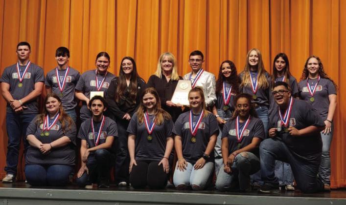 OAP CAST AND CREW: front row, l to r: Alice Wood, James Hernandez, Khloe McCaffery, Kylee Sommerville, Asia Heiser, Edward Segura. Back row: Brandon Spinks, Ashton Martin, Kristen Portilla, Coach Rebekah Cook, Coach Michelle McSherry, Kevin Johnson, Jailah Payton, Cozette Halley, Danni Ruiz, and Kasey McCollom. Courtesy photo.