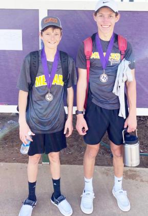 GAME SET MATCH-MHS junior Roy Brown, left, and sophomore Wyatt Terrell, right, are tearing up the court in the boys doubles. They won their third-straight tournament this week, taking first in a hard-fought, two-hour long finals match against Christoval in Irion County. Courtesy photo.