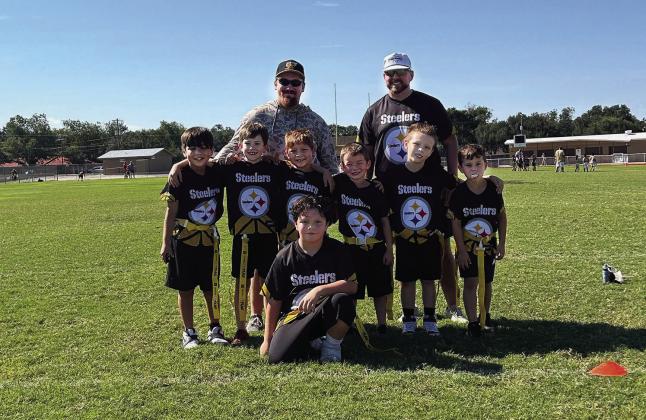 Menard 8U flag football team the “Steelers” competed in the Brady Youth Sports Organization league. Pictured (l to r) Luis Villanueva, Jackson Smith, Chase Ross, Lincoln Wallace (front), Carter Tipton, Easton Wallace, Haiden Hand. Coaches Cooper Tipton and Jacob Hand.