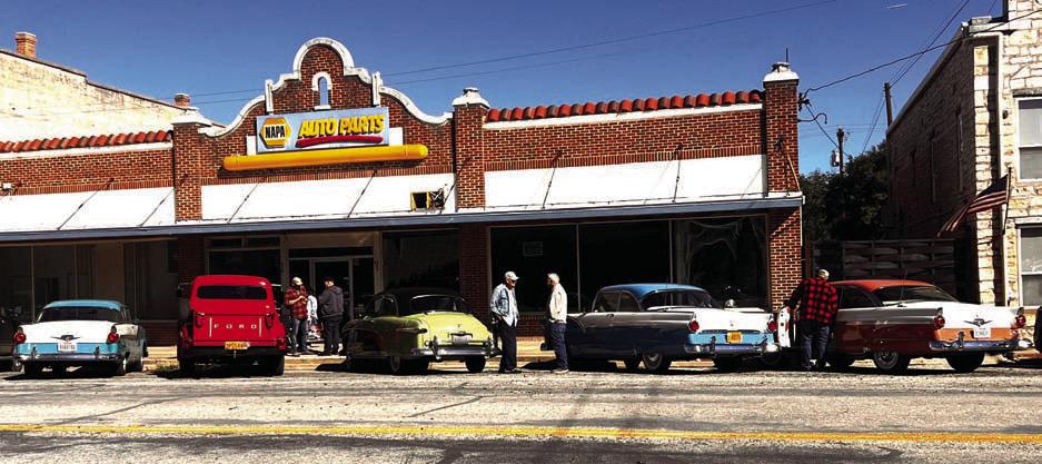 1950’S BEAUTIES (l to r): 1956 Ford Fairlane Crown Victoria owned by Jack Sawyer of the Dallas Early Ford V-8 Club; 1955 Ford Truck owned by Jeff Comley of the Dallas Early V-8 Ford Club; 1954 Ford Crestliner owned by Ken Ballew of the Dallas Early V-8 Ford Club; 1955 Ford Victoria owned by Ken Lewis of the Big Country Early V-8 Club, and 1956 Ford Victoria owned by Ila (and husband Cecil) Brown of the Big Country Early V-8 Ford Club. TMN Photo.