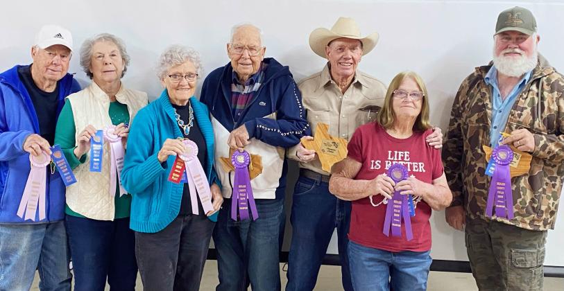 THE MENARD COUNTY PECAN SHOW took place before Christmas, and pictured are the various winners. Left to right: Novice and Ann Kniffen; Katherine and John Kniffen; Bill and Sandy Doyle; Barry Kniffen. Full results will be available in the January 11, 2024 newspaper. Courtesy photo.