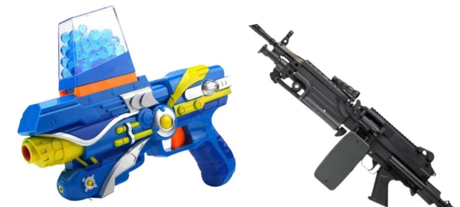 ABOVE- Gel pellet shooters can be brightly colored, obvious toys, as pictured left. They can also resemble actual firearms, like the gel pellet gun pictured right. Both photos are stock images; not the apparatus used in this story.