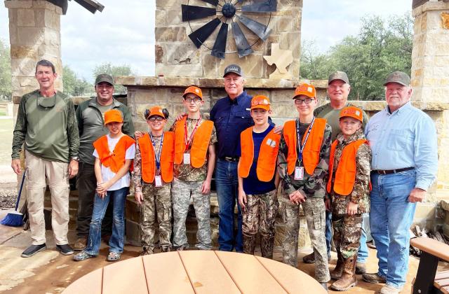 IT TOOK A VILLAGE for these first-responder family kids to hunt with the best, and the village made it happen. Adult leaders for the Stone Creek Ranch youth hunt, pictured left to right include Mike Lockridge, Jose Villalobos,Gary Roberson, Jay Hawkins, Jim Hawkins. Courtesy photo.