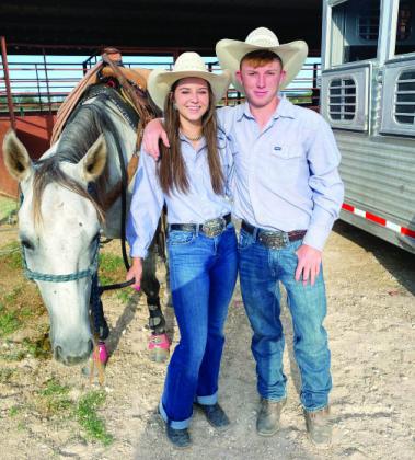 TEAMIN’ UP- Kaitlee Wyatt, a junior at Miles HS, and Menard’s Layne Rogers team-roped their way to a Texas State High School Rodeo finals qualification. Kaitlee, the header, is the daughter of Heath and Becky Wyatt of Miles. Pictured with the pair is Kaitlee’s horse, Blue. Layne is an 18-year-old home-schooled senior and is the son of Larry and Lori Rogers of Menard. Courtesy photo.