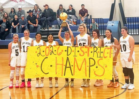 OFFICIAL DISTRICT CHAMPS- The Menard Lady Jackets secured their district championship with a dominant win over Paint Rock on Tuesday. The undefeated Menard girls must now face Irion County in the bi-district round of playoffs. That game is scheduled for Monday, Feb. 16 at San Angelo Lake View High School at 7:30. Pictured left to right: Taytum Chambless, Makenzie Wright, Lauren Guerrero, Kylie Ibarra, Kaitlyn Whitaker, Mackenzie Compton, Sabri Zamora, Perla Pecina, Kylie Sommerville. TMN photo.