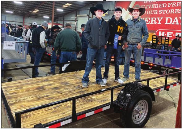 BLUE RIBBON BOYS-Menard High School Ag members (L to R) Sophomore Kade Rayburn, Junior Roy Brown, and Senior Houston Hayes earned a blue ribbon with their trailer build at the San Antonio Stock Show Ag Mechanics Show. Courtesy Photo.