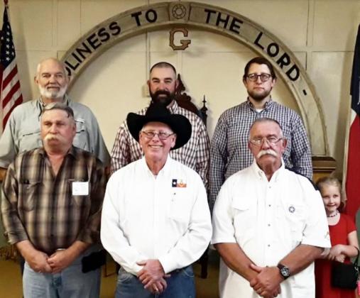 Lodge officers present for the 125th anniversary reception of Menard’s Ft. San Saba Lodge #784 are, front row, left to right: Jay Wright, Robert Woolf, James Lafosse. Back row: Tom Compton, John Compton, Cody Mobley (and Georgina Mobley!). Courtesy photo.