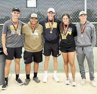 MHS tennis competed at the Llano tournament on Wednesday last week. Pictured above, left to right-Cado Bannowsky and Zeke Hernandez, third in boys doubles; Wyatt Terrell, first boys singles; Makinely Kothmann and Logan Powell, third in mixed doubles.