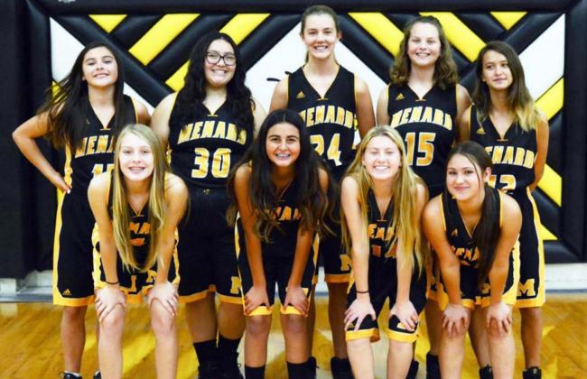 The 7th and 8th graders of the Menard Junior High girls basketball team had an excellent season, remaining unbeaten in district play. The team plaque has not yet arrived. Pictured, bottom row, left to right: Kaitlyn Whitaker, Lauren Guerrero, Aspen Hutchison, Kyra Gonzales. Back row: Sabri Zamora, Aliah Saiz, Makenzie Compton, Kotie Baugh, and Lorilei White.
