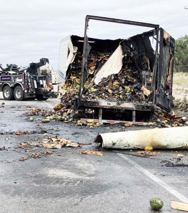 NO BAD APPLES, JUST WARM PAPAYAS- Ruins of a semi-trailer that caught fire on US 83 last week, diverting traffic for a few hours. No injuries were reported. Word is the MVFD enjoyed some healthy smoothies back at the station following this call. Photo courtesy MVFD.
