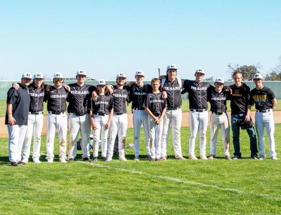 THE MHS 2024 BASEBALL TEAM is fresh off their their first win of the season, and they look forward to their home tournament this week. Picyured left to right: Coach William Barker, Brooks Spinks, Eli Kothmann, Jimmy Morris, Brayden Ramon, Jadon Torres, Bryce Davis, Jaeger Leonard, Aidan Ramon, Brandon Spinks, Hunter Whitaker, Tucker Pullen, Coach Tyler Ross. Nora Davis, photo.