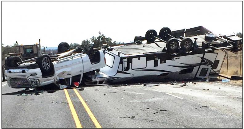 A half-ton pickup towing a fifth-wheel trailer lost control and flipped across the Highway 83 N roadway on Thursday, March 3, 2022. Speed was listed as a factor. No injuries were reported. Photo courtesy Menard County Sheriff’s Office.