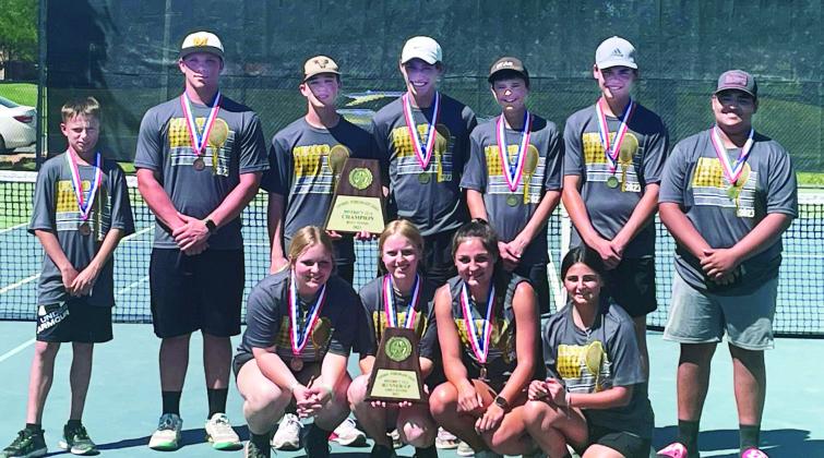 MHS TENNIS STARS- District runners up Lady Jackets pictured in the front row, left to right: Mackenzie Wagner, Addy Bannowsky, Makinley Kothmann, Lauren Guerrero. Boys District Champs back row, left to right: Jaegar Leonard, Brandon Spinks, Logan Powell, Wyatt Terrell, Roy Brown, Cado Bannowsky, Zeke Hernandez. Courtesy photo.
