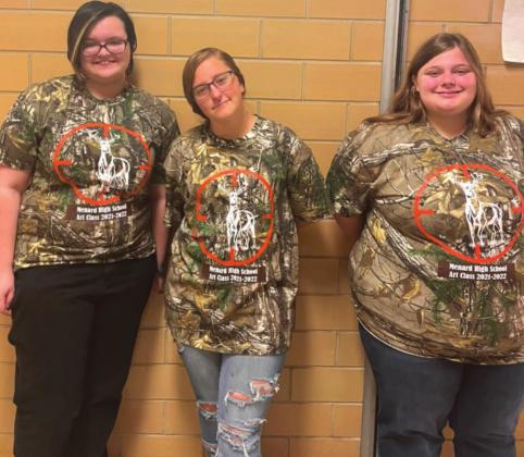 DESIGNING DIVAS-These local high school students created the winning design for the 2021 Hunter’s Blowout t-shirts under the guidance of Menard High School Art Teacher Denise Crisp. Pictured (l to r) are : Cheyenne Light, Zelia Halley, and Alice Wood.