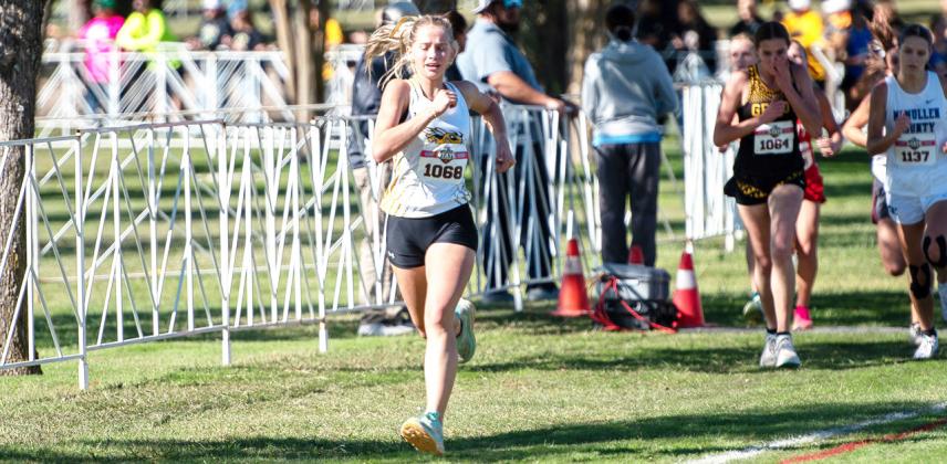 RIGHT- Taytum Chambless, guts out the end of the 2025 state championship cross country meet in Round Rock last week. Chambless finished 29 of the 145 runners. See full story on front page. Nora Davis, photo.