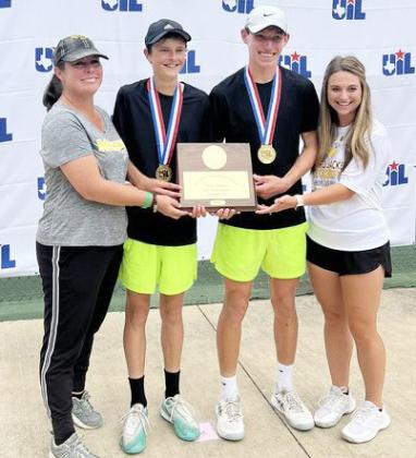 MHS RACKETEERS Roy Brown and Wyatt Terrellclaimed their state championship on Wednesday. Pictured left to right is coach Cristy Sirls, Brown, Terrell, coach Toone. Courtesy photo.