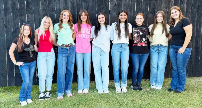 HOMECOMING COURT- Menard High School Band Sweetheart and Football Queen candidates have been announced. Winners will be crowned next Friday, Sept. 25, 2026 at halftime of the Yellowjackets v. Paint Rock game. Pictured left to right: Lilly Squiers (Band), Taytum Chambless (FB), Makenzie Wright (FB), Danni Ruiz (FB), Sabri Zamora (FB), Aubree Hernandez (FB), Kailey Morris (Band), Claire Corbin (Band), Kylee Sommerville (Band). Courtesy photo.