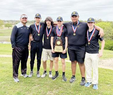 TEE-RIFFIC PERFORMANCE- The MHS boys golf team brought home the gold in the district 12-A golf tournament in Brady on Monday, placing first as a team. The victory advances them to the regional tournament in April. Pictured left to right are coach Bryson Oliver, Kristopher Saucedo, Mikey Meddaugh, Joel Guerrero, Eduardo Osornio, Bryce Davis. Courtesy photo.