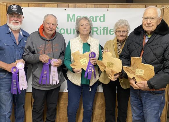 ABOVE- The 2025 Menard County Pecan Show was held on December 16 at the Murchison/ Whitehead Memorial Youth Complex. After all 31 samples were judged, Kniffens swept the grands and reserves. Pictured above are Barry Kniffen, Novice Kniffen, Ann Kniffen, Katherine Kniffen, and John Kniffen. Billy and Mary Kniffen received honors, as well, but were not pictured. Courtesy Photo.