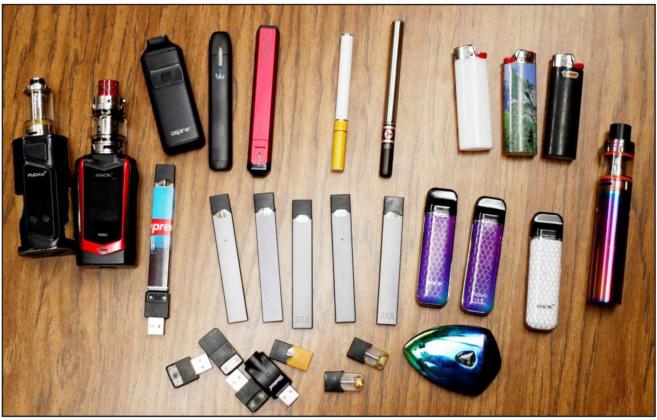 Pictured are vaping devices seized by Menard County Sheriff’s Office. As you can see, some of these devices mimic everyday objects such as lighters, ink pens, and computer memory sticks. Vaping is not a safe alternative to cigarettes, and has proven fatal to teenagers across the country. Photo courtesy Menard County Sheriff’s Office.