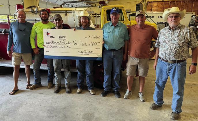 As fires flare, Menard Farm Bureau steps up with monetary support. L to R: Bruce Hough, MVFD; Quinton Shumard, MVFD; Tyler Wagner, Fire Chief MVFD; Cody Swindall, Farm Bureau Board President; Walden Hillert, Farm Bureau; Tyson Roll, Farm Bureau; Skeet Rogers, MVFD. Courtesy Photo.