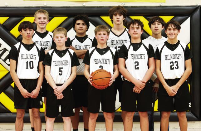 TRAILBLAZING ONWARD- The grade 7 and 8 Junior Jackets completed an undefeated district basketball season last week. Pictured front row, left to right: Julius Zamora, Kade Bannowsky, Mack Davis, Sam Mayfield, Maddox Saiz. Back row: Benjamin Burch, Dario Gonzales, Wesley Compton, Marlee Salas. Nora Davis, photo.