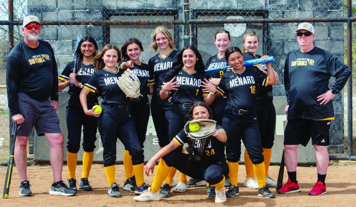 ABOVE- 2025 LADY JACKET SOFTBALL, L-R: Coach Dawson, Aubree Hernandez, Kailey Morris, Sabri Zamora, Mackenzie Compton, Tatum Ruiz, Kat Russell, Izabella Morales, Kylee Sommerville, Coach Campbell, Perla Pecina kneeling. Photo by Nora Davis.