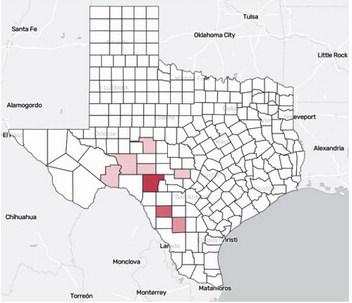 LEFT This Austin American Statesman graphic illustrates by shading the Texas counties currently reporting New World Screwworm infestations, as of press time on June 24, 2026. “Infestations” can be a misleading term- it simply means at least one active case has been identified within that county.