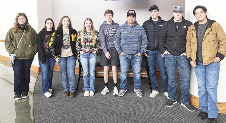 Leadership Conference attendees, left to right: Khloe McCaffery, Lundann Jackson, Kasey McCollom, Kaitlyn Whitaker, Bryce Davis, Zeke Hernandez, Cado Bannowsky, Tate Wagner, Tristan Wilson. Photo courtesy Menard High School.