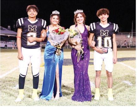 HOMECOMING ROYALTY was crowned Friday night's football game. Pictured is Band Sweetheart Lauren Guerrero with her escort Jayden Payton, and Football Queen Sabri Zamora with Julius Zamora. Denisse Crisp, photo.