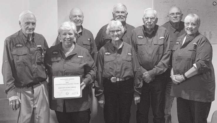 GOOD WORK- Historical Commission directors from Menard were present at the Commissioners Court meeting Monday to accept their 6th Distinguished Service Award from the Texas Historical Commission. Pictured are front row, left to right: Carleton Kothmann, CeeCee Kelley, Katherine Kniffen, John Kniffen, Jan Wilkinson. Back row: Terry Kelley, Barry Kniffen, Bob Brown. Courtesy photo.