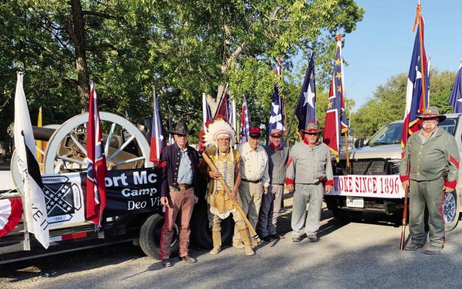 ABOVE- Menard’s Ft. McKavett Sons of Confederate Veterans (SCV) chapter recently participated in Junction’s annual rodeo parade, where they were named first place entrant. The group’s float consisted of a Jeep and two pickups with flatbed trailers. Pictured left to right is: Buck Bostick; “Chief Broken Eagle,” Ray Hernandez; John Kniffen; Eddie Bostick; Danny Masters; Barry Kniffen. Not pictured is Gary Bates. Courtesy photo.