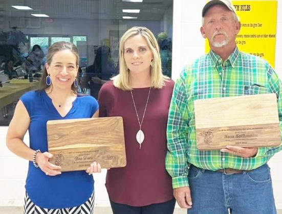 BELOW (L-R)- Nora Davis, Jacket Backer award winner; Kayla Wagner, Booster Club President; Hoss Kothmann, Jacket Backer award winner. Photo courtesy Sandy Kothmann.