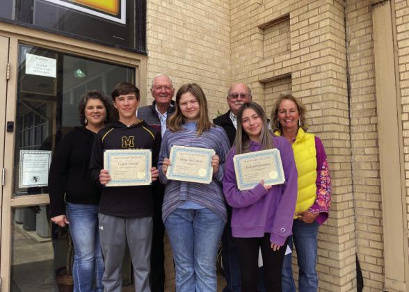 ESSAY EXPERTS- Senior Division Essay Winners- (age 14-18) front row l to r: Logan Powell, 1st place; Khloe McCaffery, 2nd place; and Joslynn Quintero, 3rd place. Back row l to r: Water District representatives Lydia Damon and Sheridan Duncan with SWCD representatives J.W. Jennings, and Susie Lyckman. Courtesy photo.