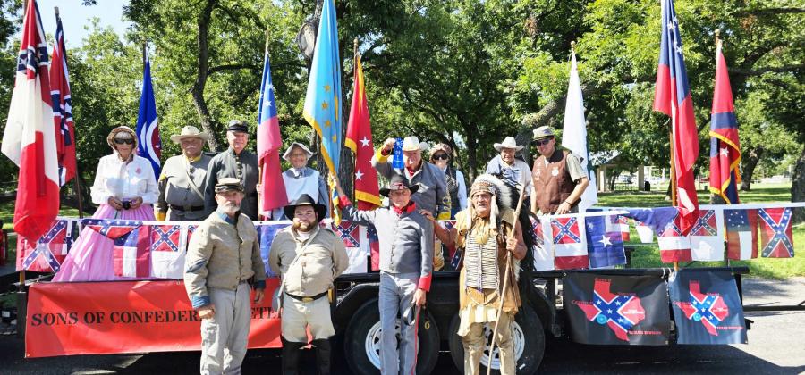 LEFT- The local Sons of Confederate Veterans chapter (SCV) recently won first place in the ‘Out of Town’ division in the Kimble County Chamber of Commerce’s rodeo weekend parade in Junction. The SVC participates in community activities including Menard’s annual Veterans Day Parade in November. They also routinely recognize veterans across all wars and military branches.