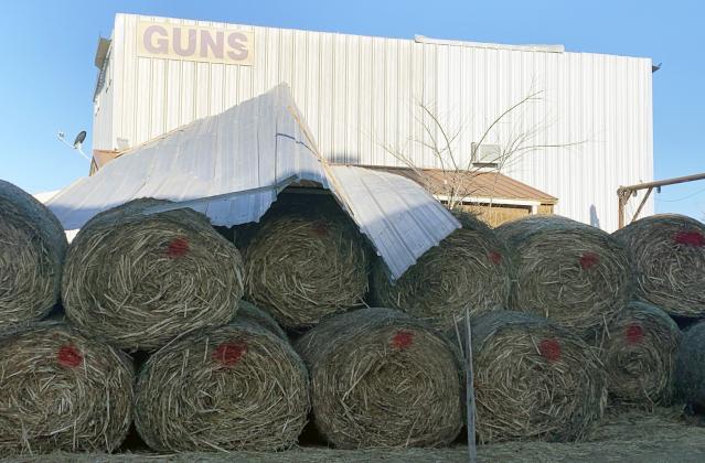 A LARGE PORTION of metal roof from atop the former gun shop behind Compton Warehouse was relocated to the round bale department of the warehouse next door. Strong winds accompanying a severe weather system that pushed through the Menard area last Thursday afternoon, caused damage across the county. TMN photo.