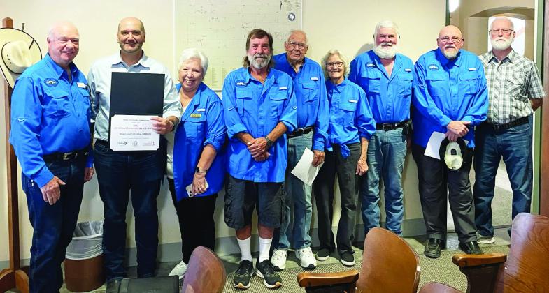 EIGHT IS GREAT- in regard to Menard's Historical Commission service awards. Pictured above, left to right: MCHC Chair Terry Kelley; Judge Brandon Corbin; Cee Cee Kelley; Carl Laning; John Kniffen; Katherine Kniffen; Barry Kniffen; Bob Brown; Stan Roberts. TMN photo.