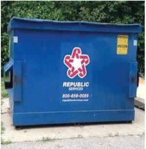 Republic Services dumpsters, like the one pictured, are now subject to fines if lids are not fully closed at trash pickup. This stipulation has been in the City’s contract and is recently enforceable with the company’s addition of GPS cameras on the trucks.