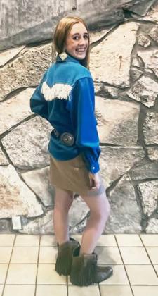 Makenzie Wright with her state award winning wool outfit that she took to the national Make It With Wool contest last week. Courtesy photo.