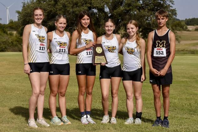 DISTRICT RUNNERS UP- The Lady Jackets were just 4 points from the district cross country title this week. Pictured left to right: Makenzie Wright, Taytum Chambless, Danni Ruiz, Kaitlyn Whitaker, Isabelle Devine, and lone Jacket, Jaegar Leonard. Nora Davis, photo.