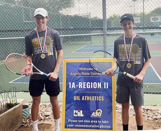 GOLD MEDAL WINNERS- of the 1A Region II boys doubles tennis tournament are junior Wyatt Terrell (left) and senior Roy Brown (right). The pair took out a duo from Crowell 6-0 and 6-0 in two matches, propelling the Jacket team to the state tournament to be held April 25-26 in San Antonio. Menard tennis is coaches by Cristy Sirls. Courtesy photo.