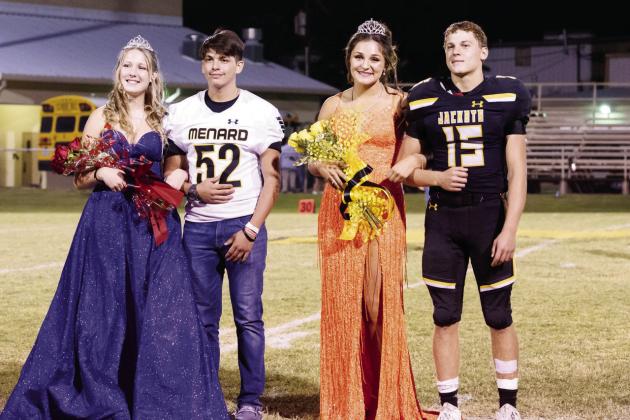 HOMECOMING ROYALTY- Menard High School’s Band Sweetheart and Football Queen were crowned at halftime of last week’s game against Nueces Canyon. Accepting the Band Sweetheart crown is junior Cozette Halley, far left, escorted by Naithan Gonzales. Football Queen Makinley Kothmann, junior, is escorted by Joel Guerrero. 