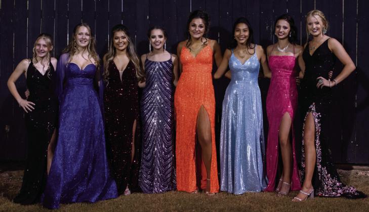 2022 MHS Homecoming Court, left to right: Kaitlyn Whitaker, Freshman Band Candidate; Cozette Halley, Junior Band Candidate and winner; Ileana Baker, Junior Football Candidate; Aminy Anderson, Senior Football Candidate; Makinley Kothmann, Junior Football Candidate and winner; Nadia Garcia, Sophomore Band Candidate; Hailey Ruiz, Junior Football Candidate; and Addy Bannowsky, Senior Football Candidate.