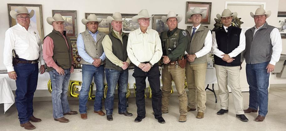ABOVE- A bevy of supporters, including the group of Texas Rangers pictured with Sheriff Miller, were on hand in January to honor Miller and his 50-years of law enforcement service. Miller is pictured center with current Sheriff Burl Hagler to the right of him. Courtesy photo.